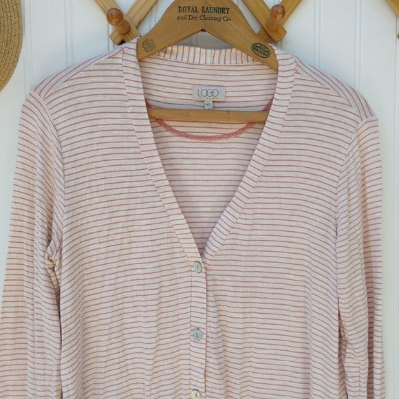 Logo Lori Goldstein Striped V Neck Cardigan Size XS Pink Oatmeal Lace Button Up - Picture 2 of 8